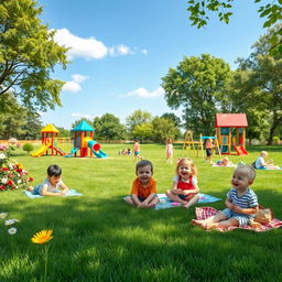 A vibrant children's park filled with lush, realistic grass, colorful playground equipment such as slides and swings, and cheerful children playing and laughing