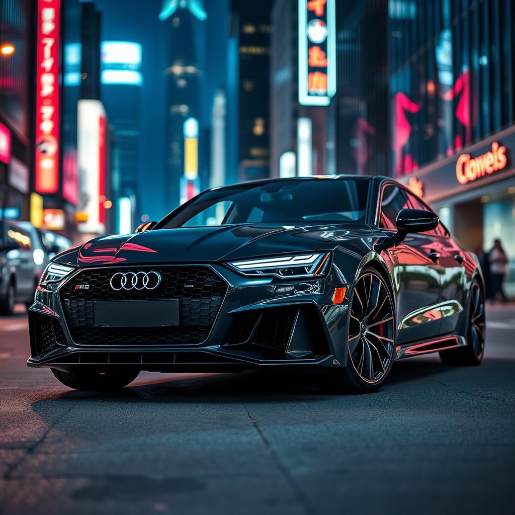 A stunning Audi RS7 parked in a modern urban setting at night