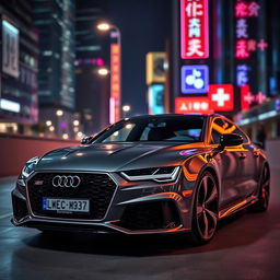 A stunning Audi RS7 parked in a modern urban setting at night