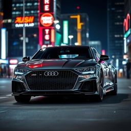 A stunning Audi RS7 parked in a modern urban setting at night