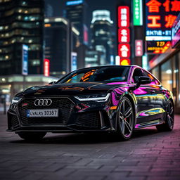 A stunning Audi RS7 parked in a modern urban setting at night