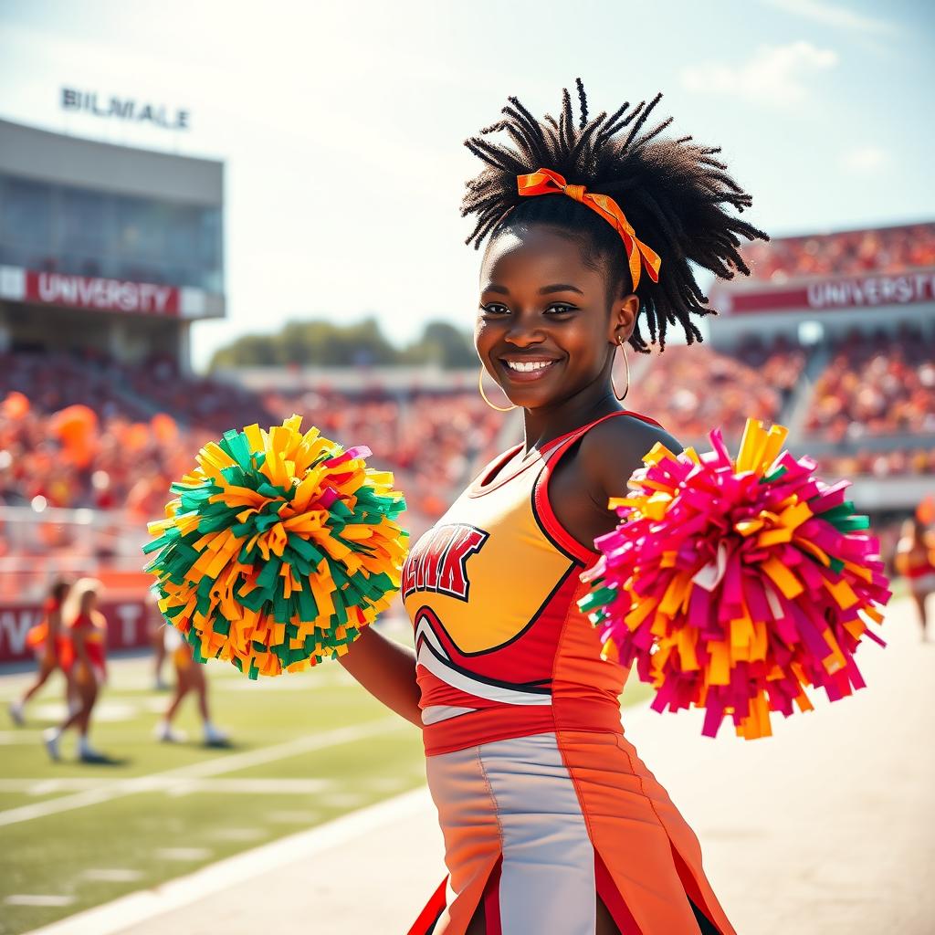 A vibrant scene showcasing a confident, lively Black girl dressed as a university cheerleader, with a bright and colorful cheer uniform