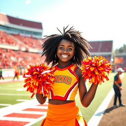 A vibrant scene showcasing a confident, lively Black girl dressed as a university cheerleader, with a bright and colorful cheer uniform