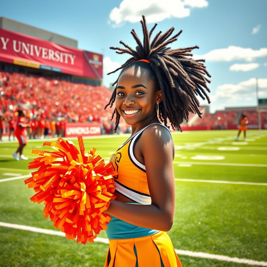 A vibrant scene showcasing a confident, lively Black girl dressed as a university cheerleader, with a bright and colorful cheer uniform