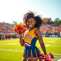 A vibrant scene showcasing a confident, lively Black girl dressed as a university cheerleader, with a bright and colorful cheer uniform