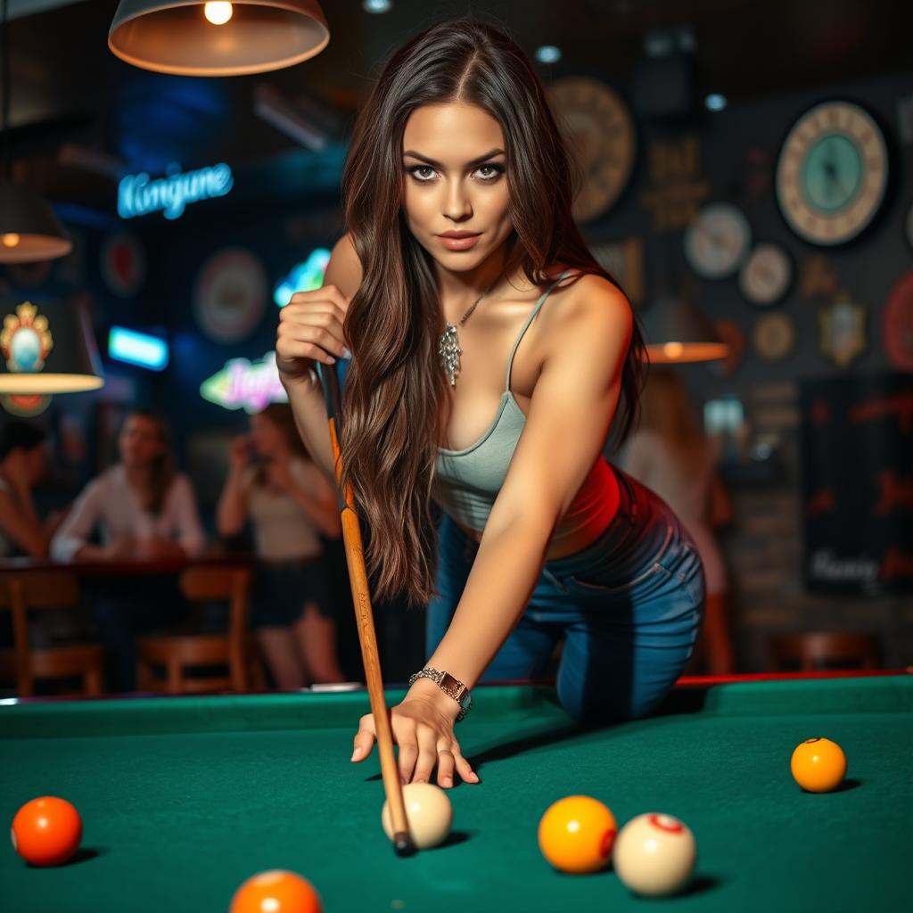 A brunette woman with long hair and striking features, wearing tight blue jeans that accentuate her curves, is leaning over a pool table in a lively bar