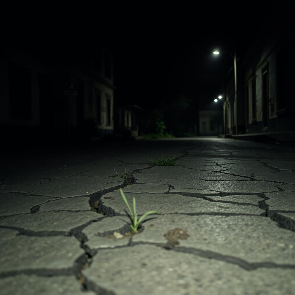 A desolate street with cracked and broken pavement, showcasing the theme 'Rutas en Ruinas'