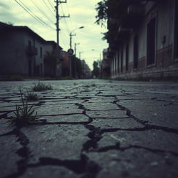 A desolate street with cracked and broken pavement, showcasing the theme 'Rutas en Ruinas'