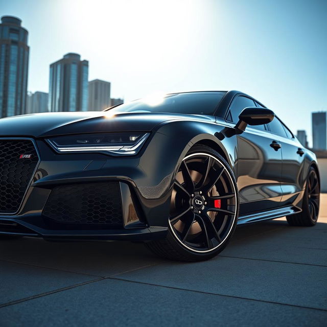 A sleek black Audi RS7 featuring striking carbon fiber details throughout its design