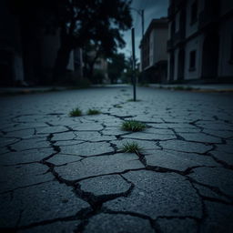 A desolate street with cracked and broken pavement, showcasing the theme 'Rutas en Ruinas'