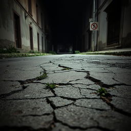 A desolate street with cracked and broken pavement, showcasing the theme 'Rutas en Ruinas'