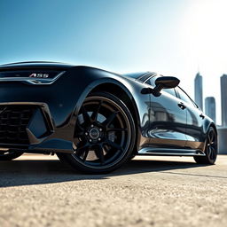 A sleek black Audi RS7 featuring striking carbon fiber details throughout its design