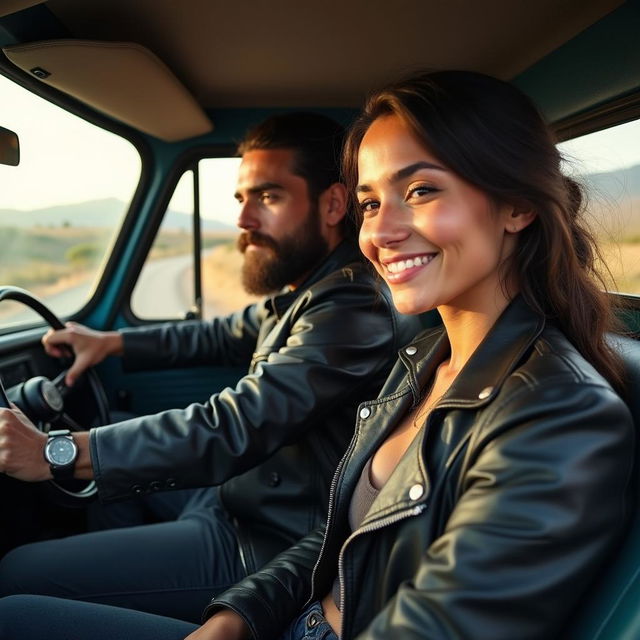 A rugged man with long hair and a beard, wearing a black leather jacket, confidently driving an old black Toyota pickup truck