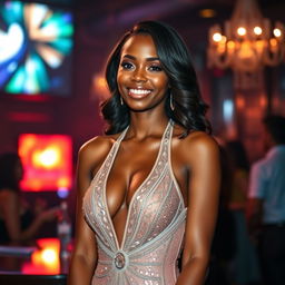 A stunning young Black woman standing confidently in a stylish, form-fitting night dress that shimmers under the soft lights of an upscale club