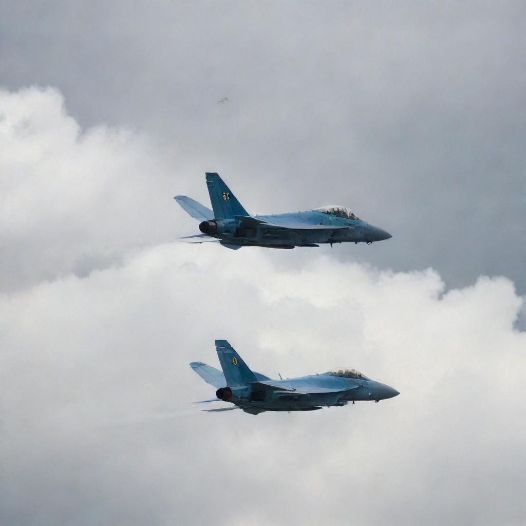 Two modern fighter jets engaged in a thrilling dogfight high in a cloudy sky, trailing white smoke as they perform aerobatic maneuvers.