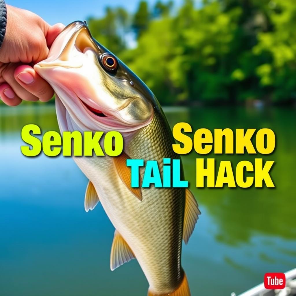 A stunning thumbnail in 1920x1080 resolution featuring a close-up shot of a large bass being held by a fisherman, with the Soft Bait Senko Worm clearly visible in the fish's mouth