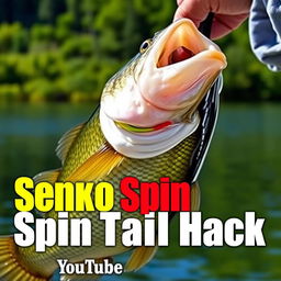 A stunning thumbnail in 1920x1080 resolution featuring a close-up shot of a large bass being held by a fisherman, with the Soft Bait Senko Worm clearly visible in the fish's mouth