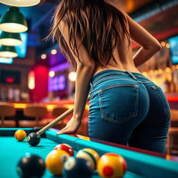 A close-up view of a brunette woman with long hair, emphasizing her big butt in tight blue jeans as she leans over a pool table in a vibrant bar