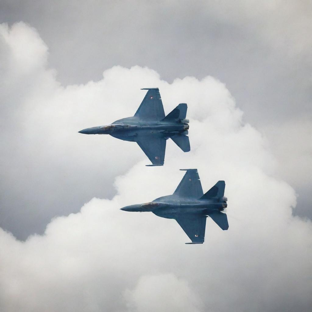 Two modern fighter jets engaged in a thrilling dogfight high in a cloudy sky, trailing white smoke as they perform aerobatic maneuvers.