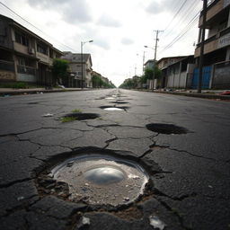 A worn-out street featuring numerous potholes of varying sizes, showcasing a sense of urban neglect