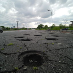 A worn-out street featuring numerous potholes of varying sizes, showcasing a sense of urban neglect