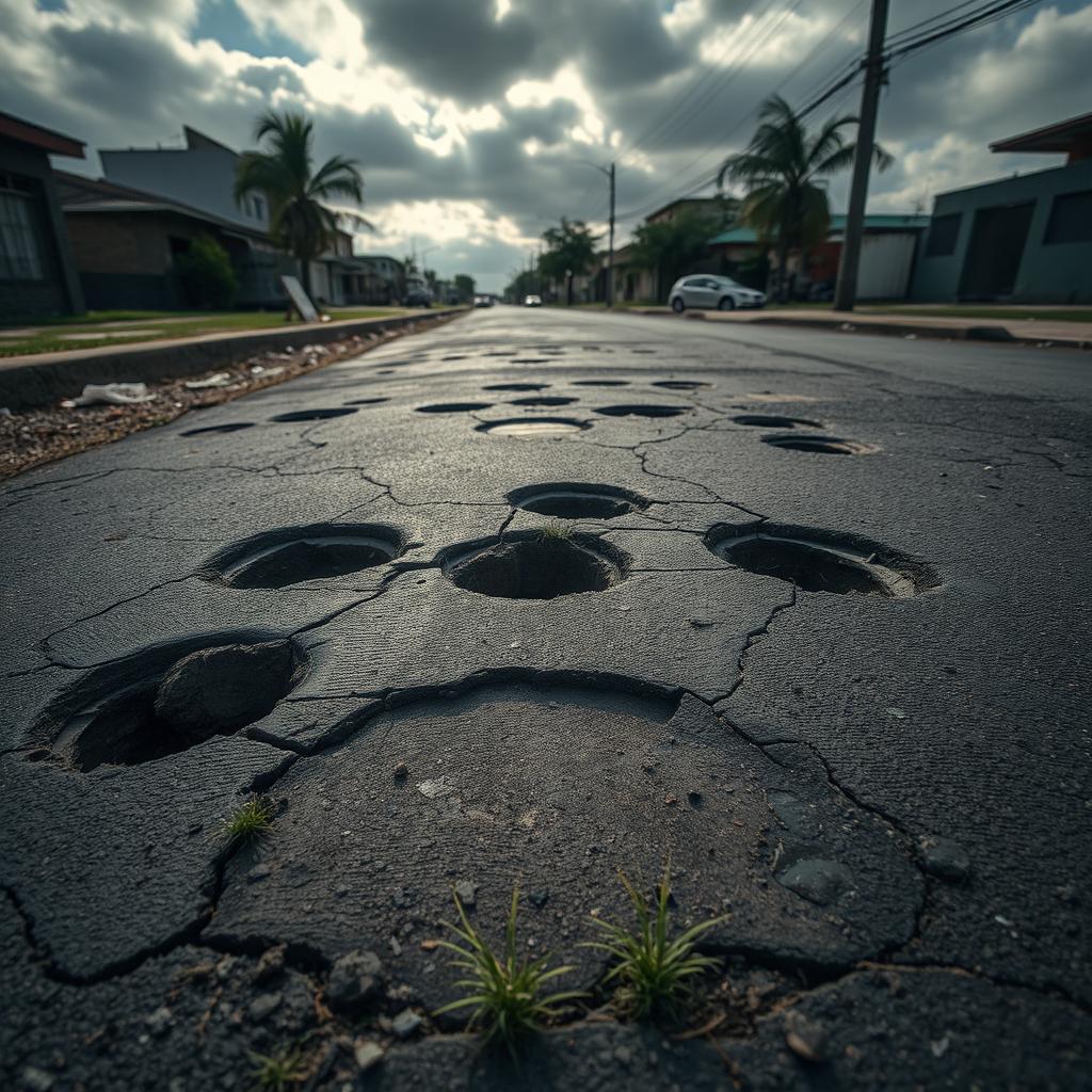 A worn-out street featuring numerous potholes of varying sizes, showcasing a sense of urban neglect