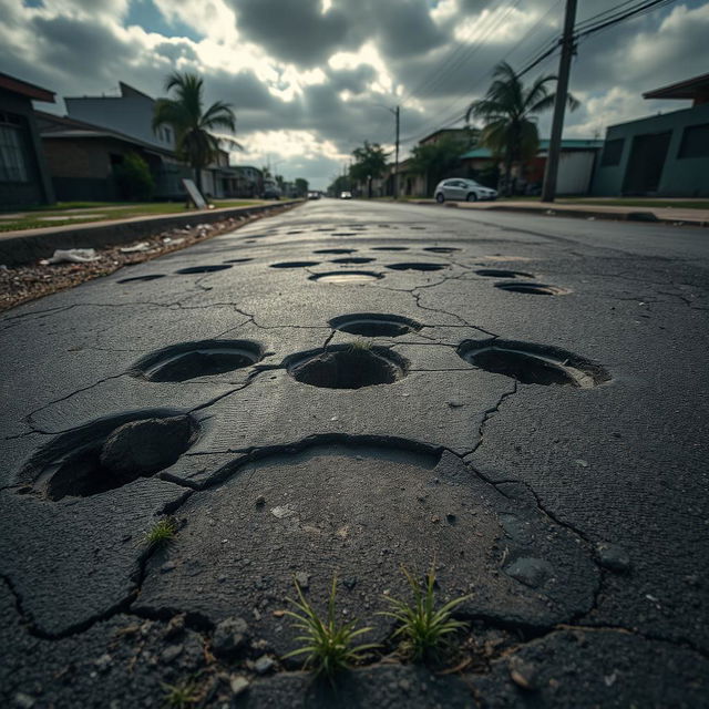 A worn-out street featuring numerous potholes of varying sizes, showcasing a sense of urban neglect