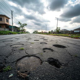 A worn-out street featuring numerous potholes of varying sizes, showcasing a sense of urban neglect