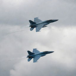 Two modern fighter jets engaged in a thrilling dogfight high in a cloudy sky, trailing white smoke as they perform aerobatic maneuvers.