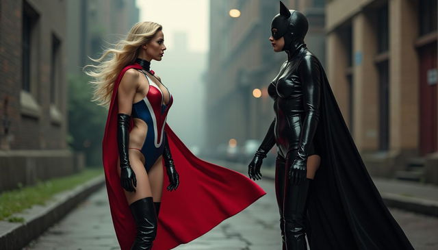 A dynamic scene featuring a confident blonde superheroine dressed in a striking red, white, and blue latex swimsuit, long leather opera gloves, and bold black PVC thigh-high boots with 5-inch heels, complemented by a flowing cape