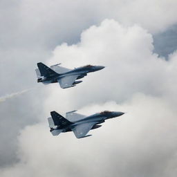 Two modern fighter jets engaged in a thrilling dogfight high in a cloudy sky, trailing white smoke as they perform aerobatic maneuvers.