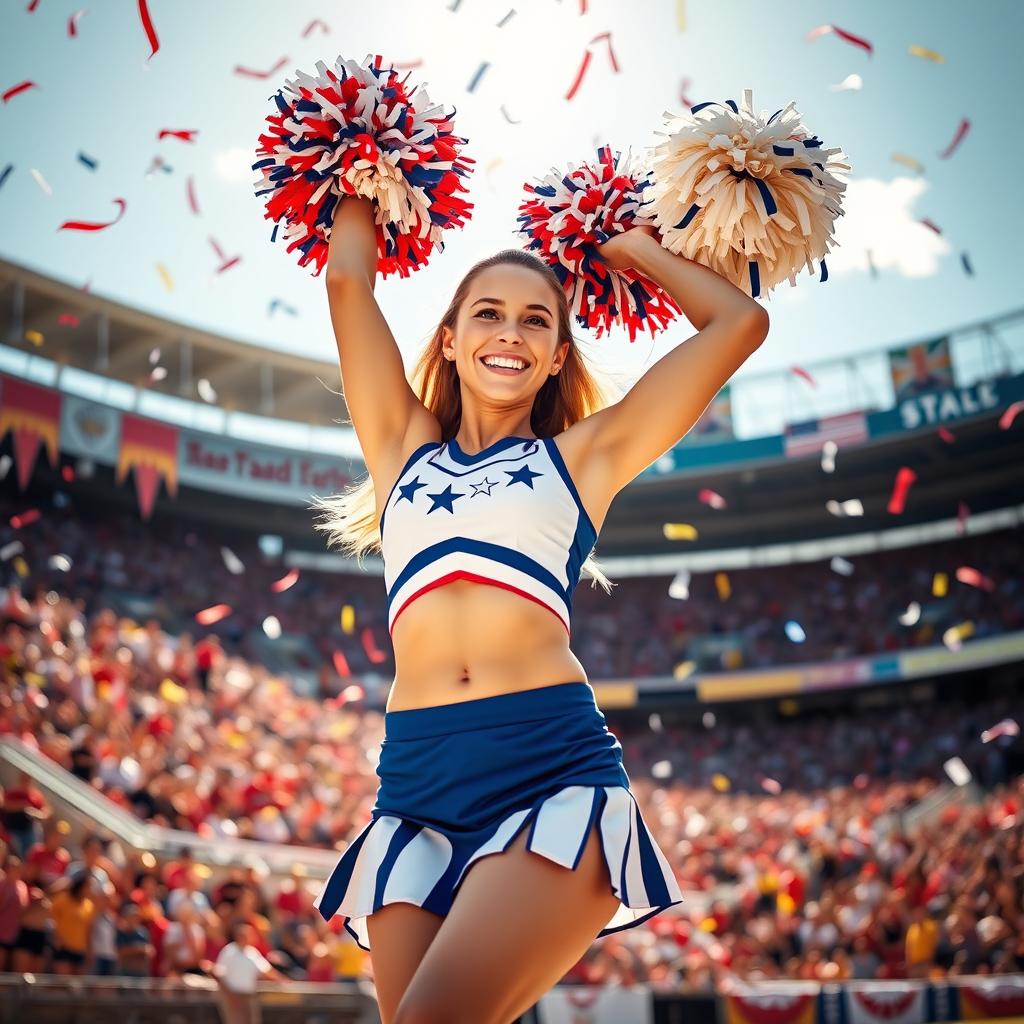 A vibrant and energetic scene featuring a cheerleader in a dynamic pose, with a bright smile and pom-poms raised high