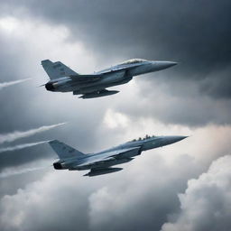 Two state-of-the-art fighter jets in action, engaged in an intense dogfight under a stormy sky, leaving a trail of smoke during their high-speed maneuvers.