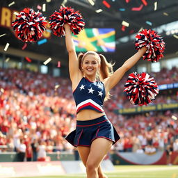 A vibrant and energetic scene featuring a cheerleader in a dynamic pose, with a bright smile and pom-poms raised high