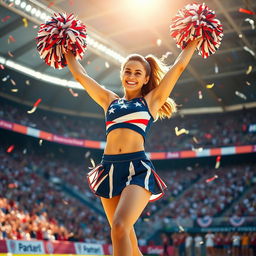 A vibrant and energetic scene featuring a cheerleader in a dynamic pose, with a bright smile and pom-poms raised high