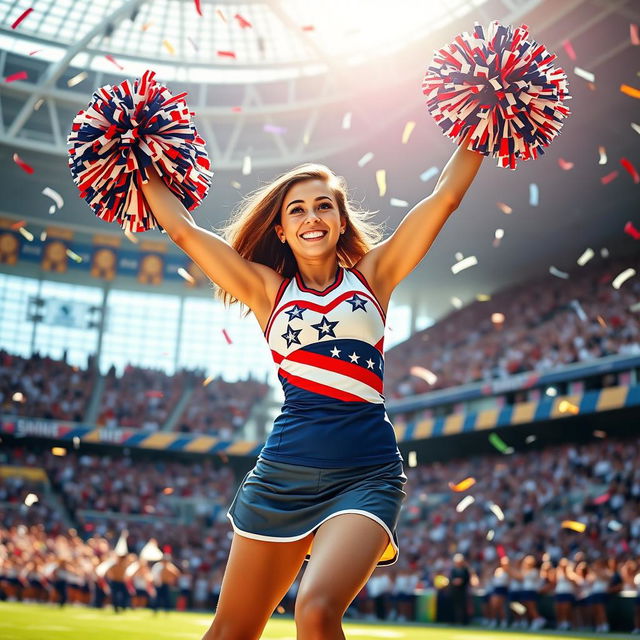 A vibrant and energetic scene featuring a cheerleader in a dynamic pose, with a bright smile and pom-poms raised high