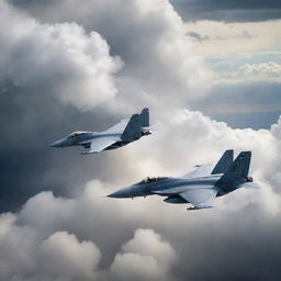 Two state-of-the-art fighter jets in action, engaged in an intense dogfight under a stormy sky, leaving a trail of smoke during their high-speed maneuvers.