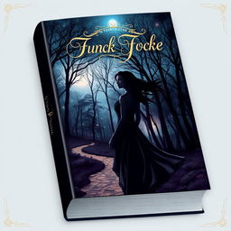 A captivating book cover design featuring a mystical forest at twilight, with ethereal lights glimmering among the trees and a winding path leading deeper into the woods