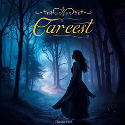 A captivating book cover design featuring a mystical forest at twilight, with ethereal lights glimmering among the trees and a winding path leading deeper into the woods