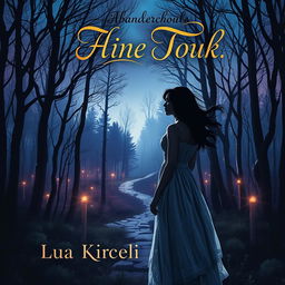 A captivating book cover design featuring a mystical forest at twilight, with ethereal lights glimmering among the trees and a winding path leading deeper into the woods