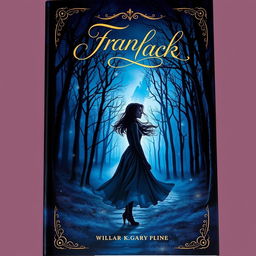 A captivating book cover design featuring a mystical forest at twilight, with ethereal lights glimmering among the trees and a winding path leading deeper into the woods