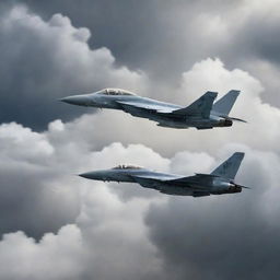 Two state-of-the-art fighter jets in action, engaged in an intense dogfight under a stormy sky, leaving a trail of smoke during their high-speed maneuvers.