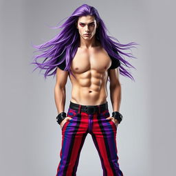 A striking male figure with fair skin and flowing long purple hair