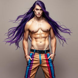 A striking male figure with fair skin and flowing long purple hair