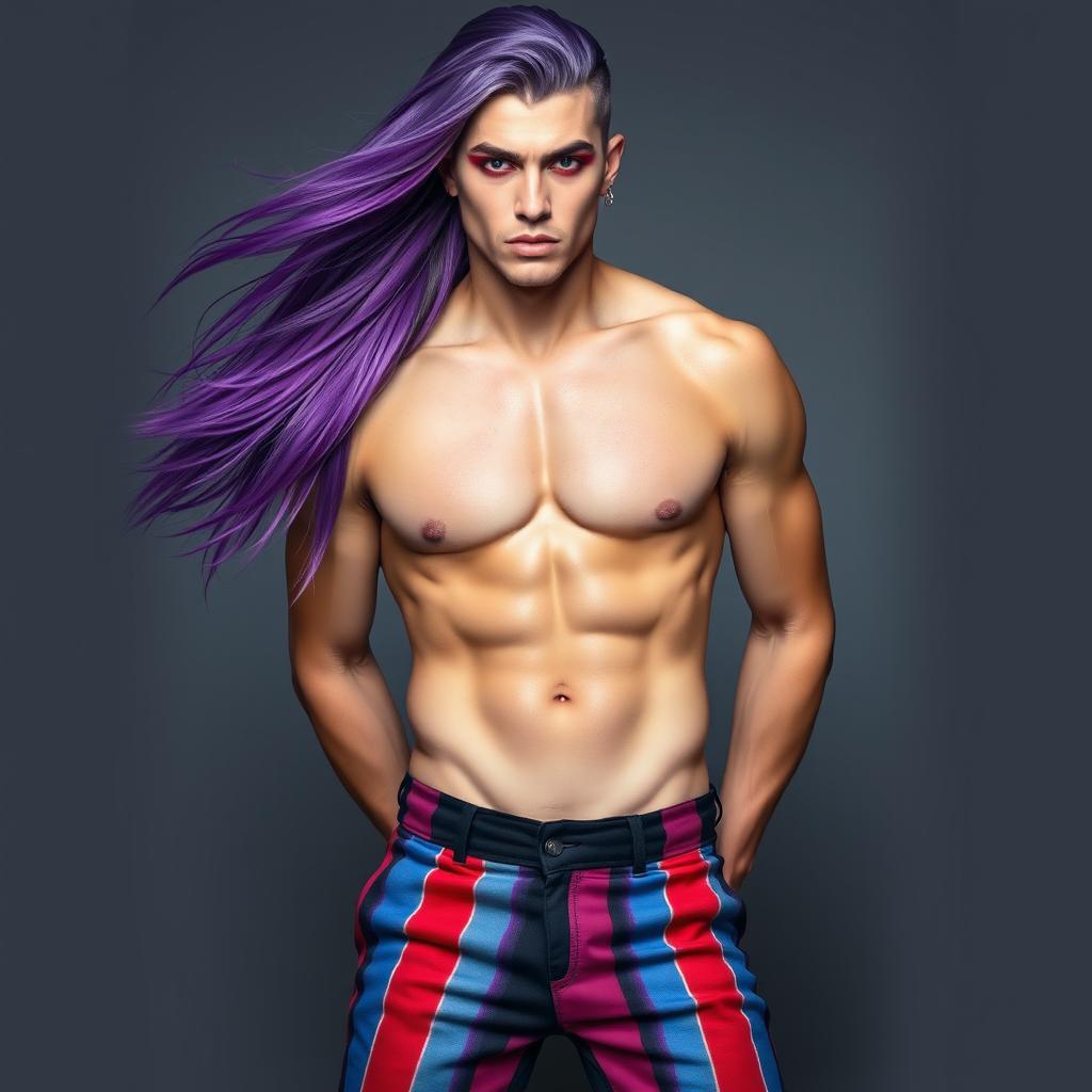 A striking male figure with fair skin and flowing long purple hair