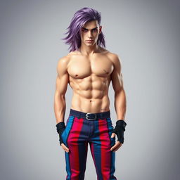 A striking male figure with fair skin and long, flowing purple hair