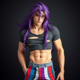 A striking male figure with fair skin and long, flowing purple hair