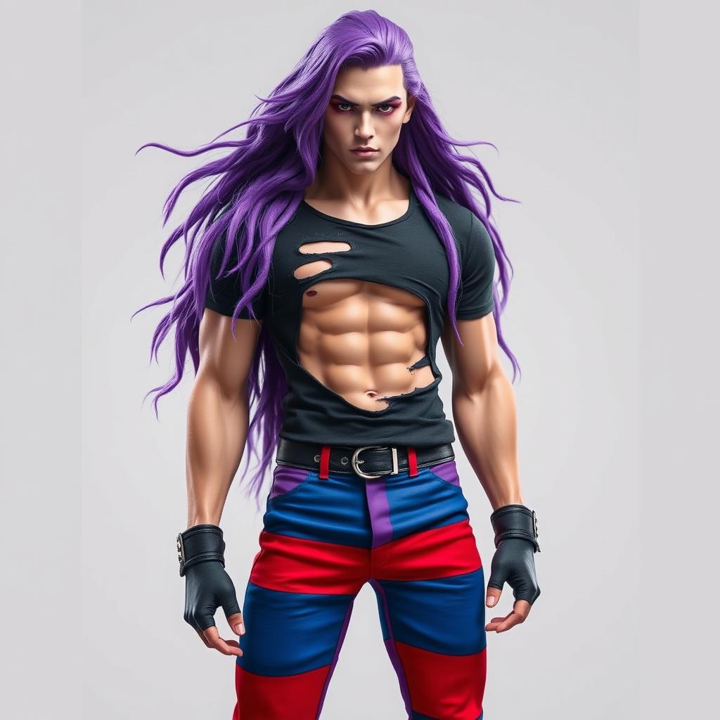 A striking male figure with fair skin and long, flowing purple hair