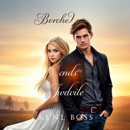 A book cover design featuring a blonde woman with blue eyes and a brown-haired man with green eyes, both standing back to back