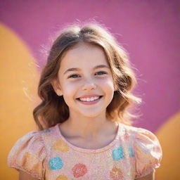 A whimsical portrait of a young girl with sparkling eyes and a bright, cheerful smile. She is styled in a fashionable outfit, standing against a vibrant, sunny background.